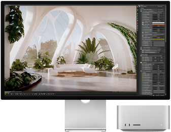 Mac Studio’nun yanında duran Studio Display’in önden görünümü