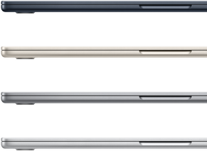Gece Yarısı, Yıldız Işığı, Uzay Grisi ve Gümüş renk seçeneklerinin gösterildiği dört adet MacBook Air laptop